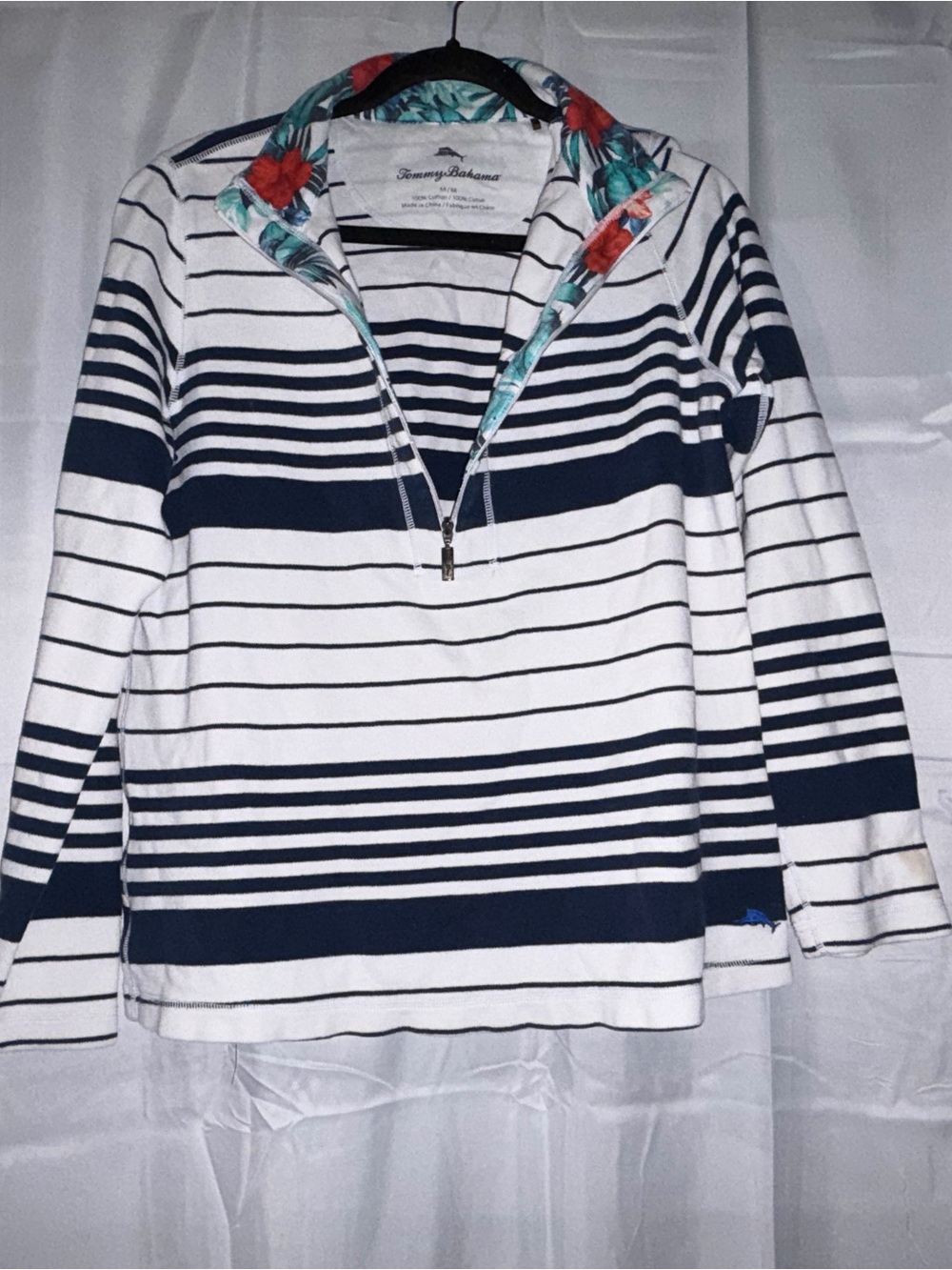 Tommy Bahama Navy & White Striped Floral-Trim Half-Zip Pullover